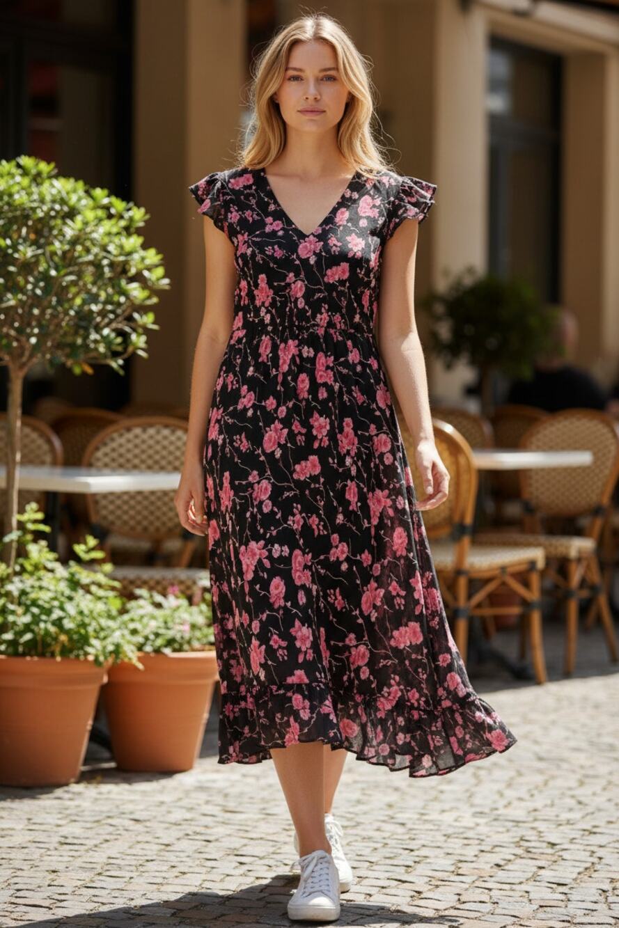 Evan Picone Petite Black Pink Rose Flutter Sleeve Dress 10P